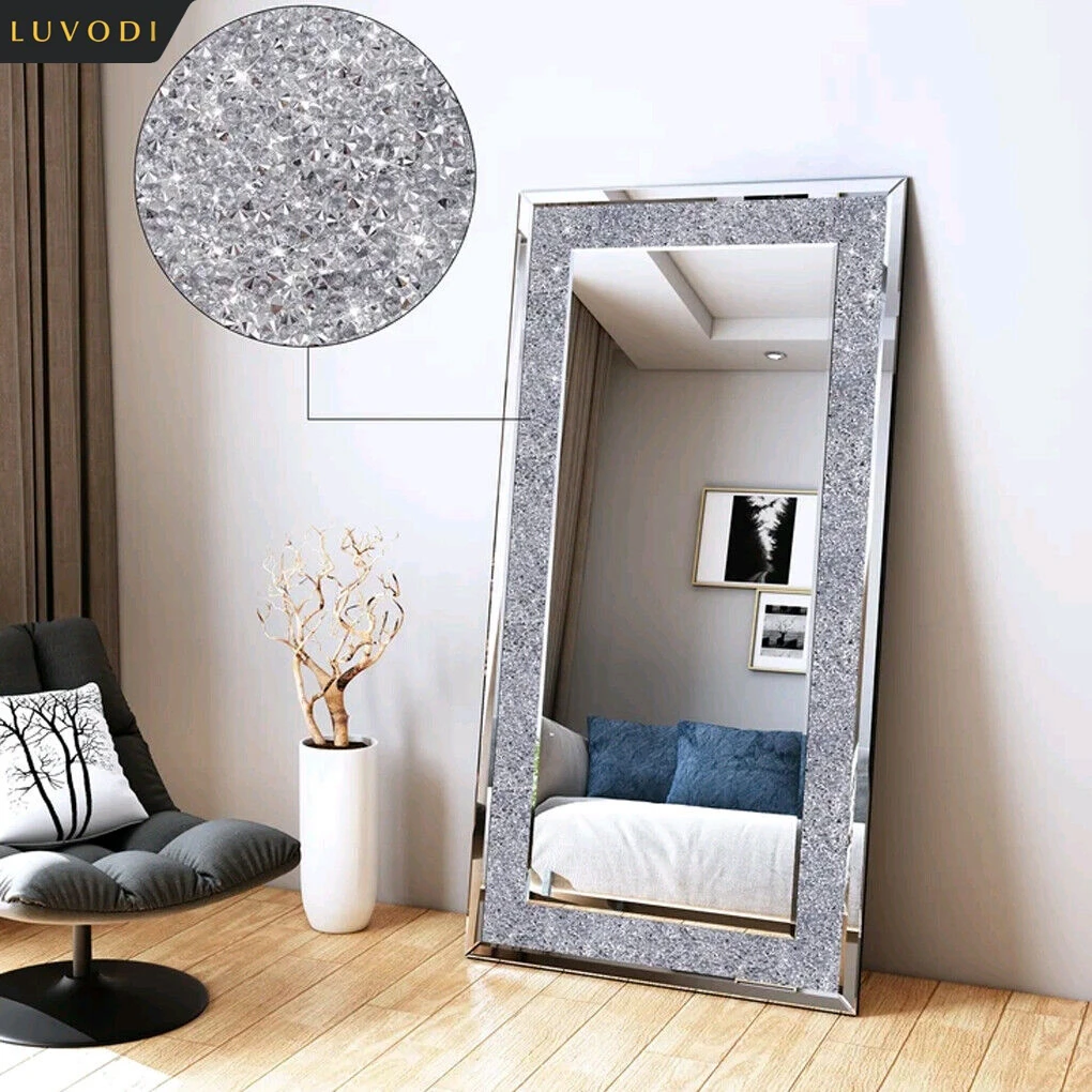 LUVODI Großer, silberner, glitzernder, rahmenloser Kosmetikspiegel mit Kristall-Strass-Diamant, Wandmontage-Schminkspiegel für Zuhause/Hotel