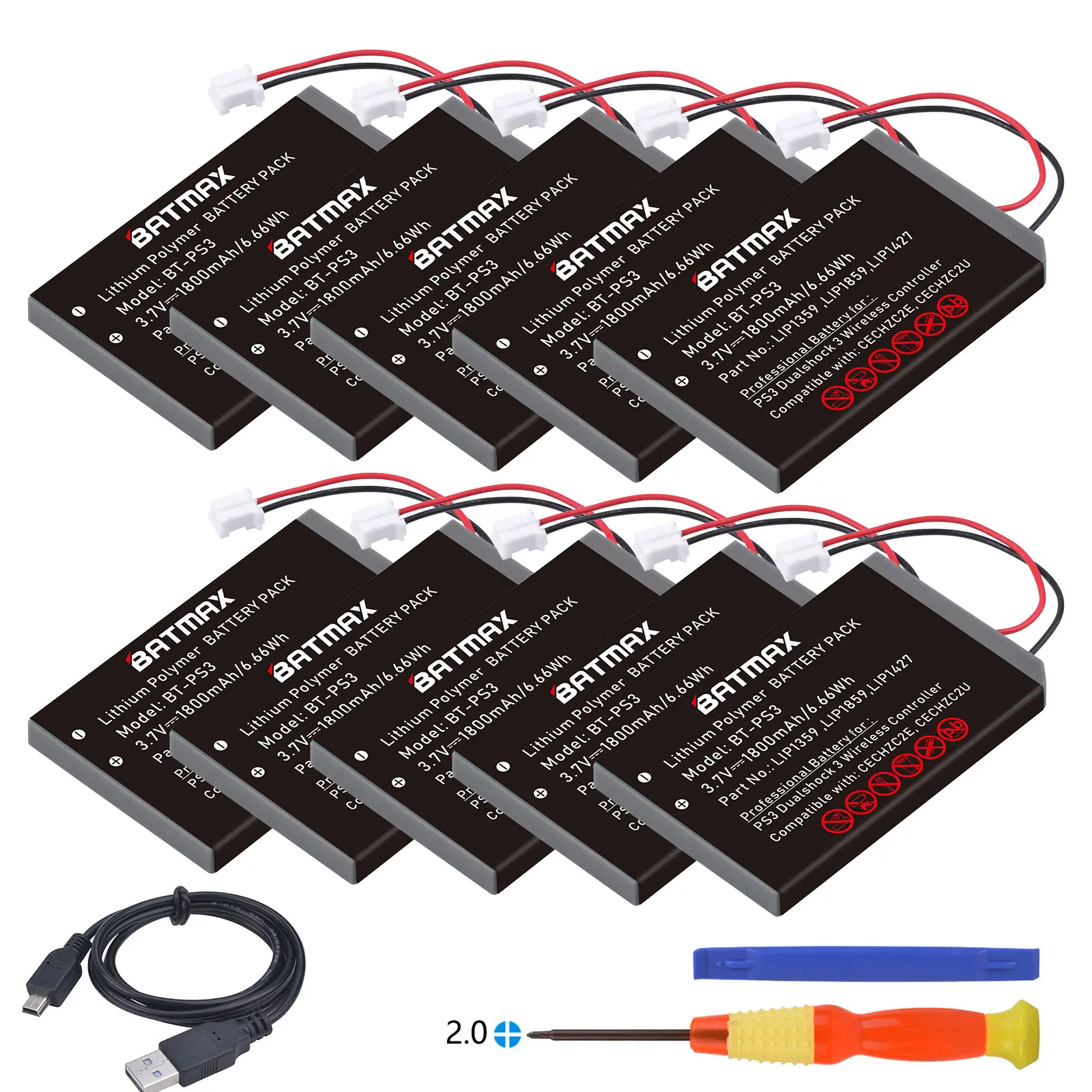 10 Stück Batmax 1800 mAh PS3 Gamepad CECHZC2E, CECHZC2U LIP1472 LIP1859 Akku Akkus für Sony PS3 PlayStation3 Wireless Controller Image