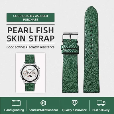 Handmade Pearl Fish Leather Strap 18 19 20 21 22MM Black Blue Green Genuine Leather Watchband, High-end Vintage Bracelet
