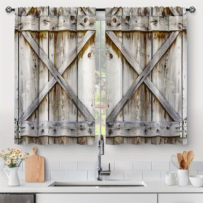 TEMU Farmhouse Country Wood Kitchen Curtains, Wooden Barn Door Vintage Short Tier Curtains Over Sink Natural Rustic Farm Decor Rod Pocket Window Drapes