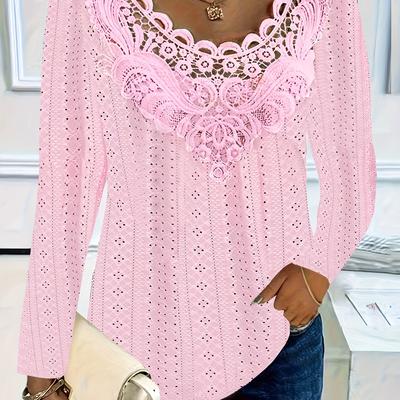 TEMU Elegant Lace-trimmed Long-sleeve Top - Women's Plus Size - Polyester Blend - Soft, Stretchy Fabric - All Seasons - Lace Detail - Knit Construction