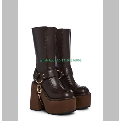 Lady vintage platform brown chian knee boots calf chunky heel boots side zip footwear size 46 punk elegant dark brown boots 3546