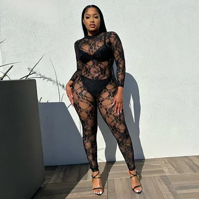 Whole See Through Long Sleeve Sheath Overalls Female Jumpsuit Midnight Party Club Mesh Jumpsuits