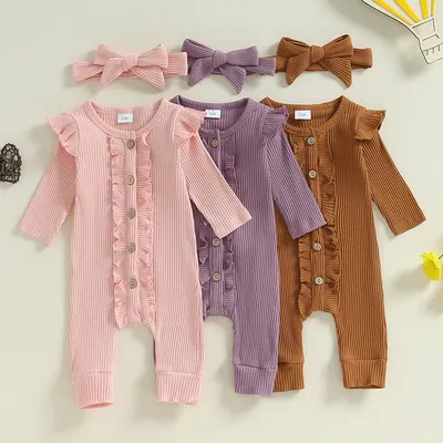 2024-05-31 Lioraitiin Baby Girl Rompers Solid Color Buttons Frills Crew Neck Long Sleeve Jumpsuits