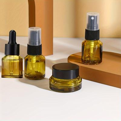 TEMU 4pcs Olive Green Glass Travel Bottle Set - Includes Spray, Lotion & Cream Jars, Fragrance-free Essentials