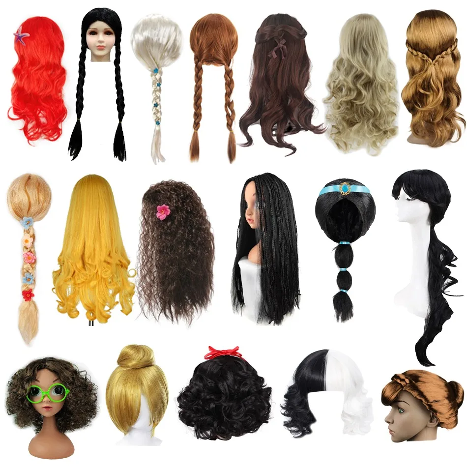 Parrucca da ragazza principessa Elsa Anna per bambini, festa di Halloween, carnevale, travestito Belle Mercoledì, sirena, Rapunzel, Aurora, Biancaneve, Ariel