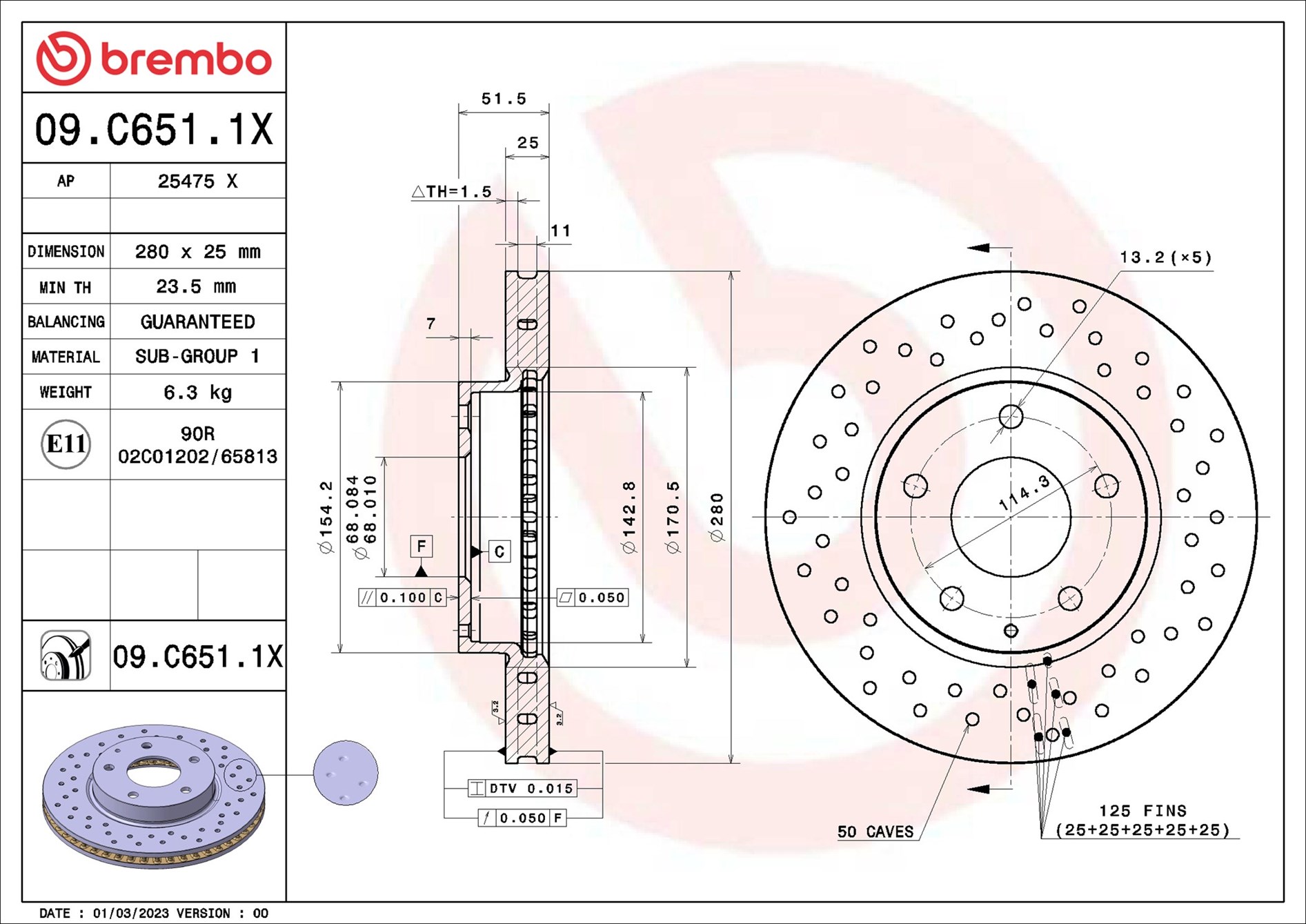 BREMBO Bremsscheibe 09.C651.1X vorne rechts links Gelocht 280mm für MAZDA (CHANGAN) B45A33251A BKC333251 Image