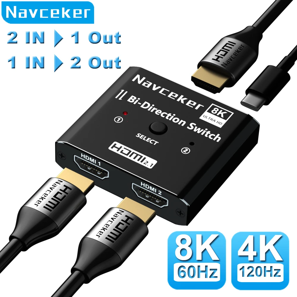Navceker HDMI 2.1 Splitter Switch 8K 60Hz 4K 120Hz 2 in 1 out per TV Xiaomi Xbox Series PS5 HDMI Cable Monitor HDMI 2.1 Switcher