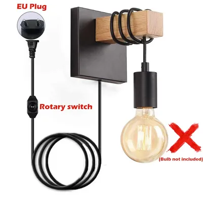 Black Plug in Wall Sconces Bedroom Bedside Farmhouse Reading Industrial Wall Mounted Lighting Fixture Wood Wall Lamp (No bulb)