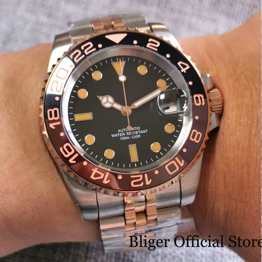 BLIGER Mode 100M Wasserdicht NH35A PT5000 Zwei Ton Rose Gold Automatische Männer Uhr Jubilee Armband Wurzel Bier Keramik Einsatz Image