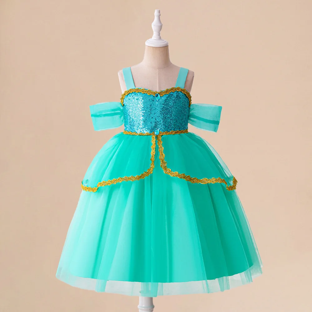 Mädchen Jasmin Prinzessin Kleider Mädchen Pailletten Cosplay Party Kleid Kind glänzend Disney Geburtstags geschenk Kinder elegante Abend kostüme