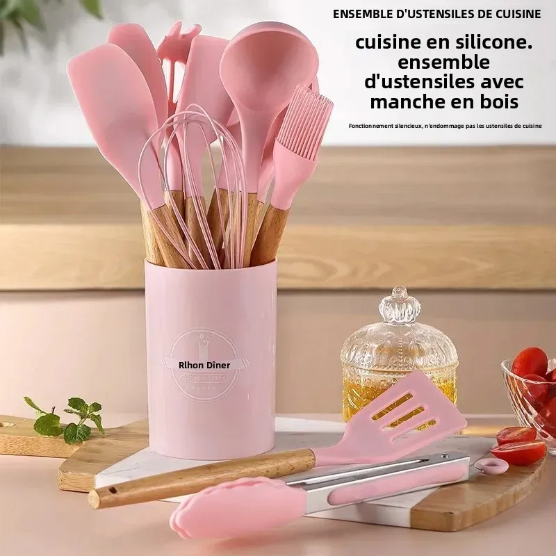 Ustensiles de cuisine antiadhésifs en Silicone, ensemble d'ustensiles de cuisine, spatule, pelle, batteurs d'œufs, manche en bois, ensemble d'outils de cuisine 12 pièces