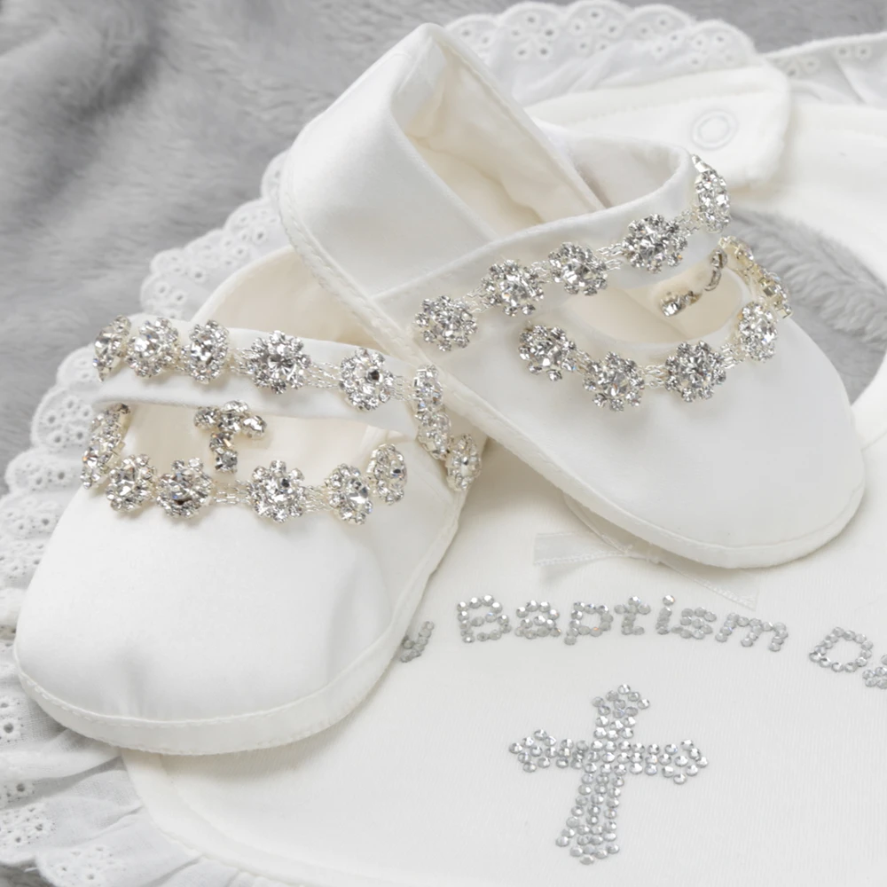 Dollbling Reines Weiß Baby Taufe Taufe Waschung Anlässe Strass Bling Kristall Haken und Schleife Baby Infant Neugeborenen Schuhe Image