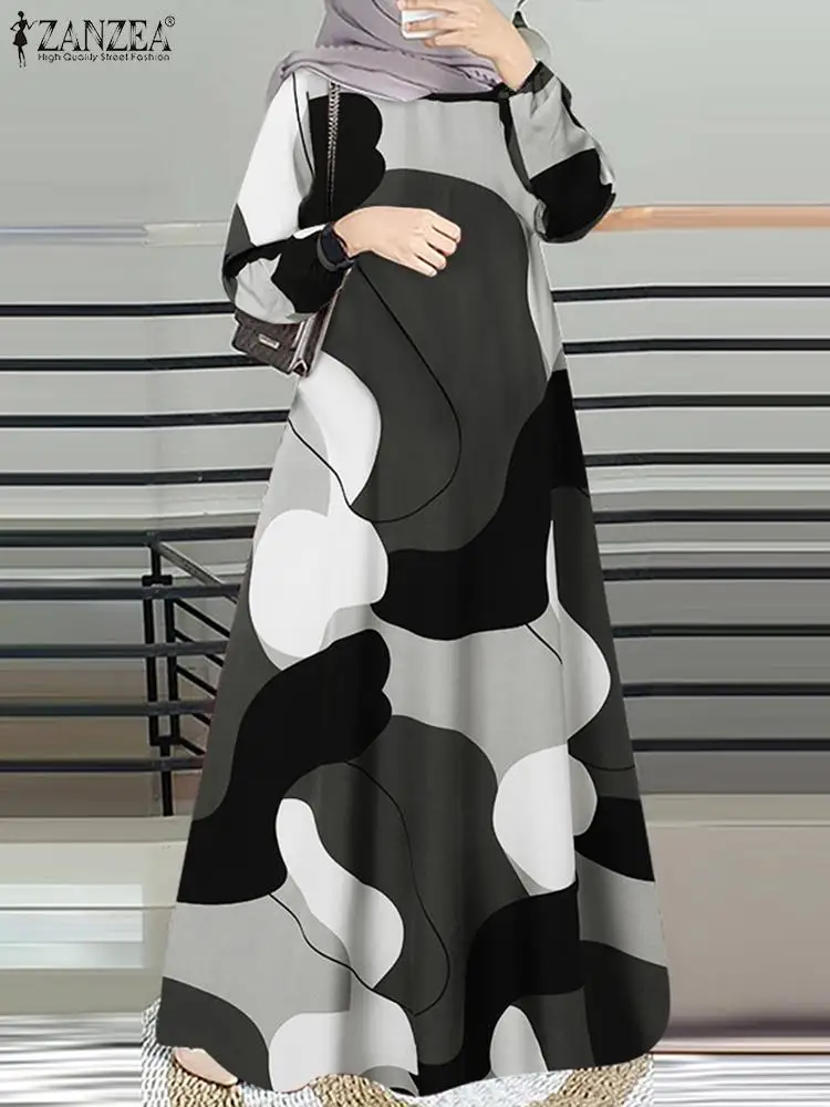 Herbst Blumen gedruckt muslimischen Kleid Zanzea Frauen Bohemian o Hals Langarm lässig Ramadan Truthahn Vestido Kaftan Abaya Sommerkleid Image