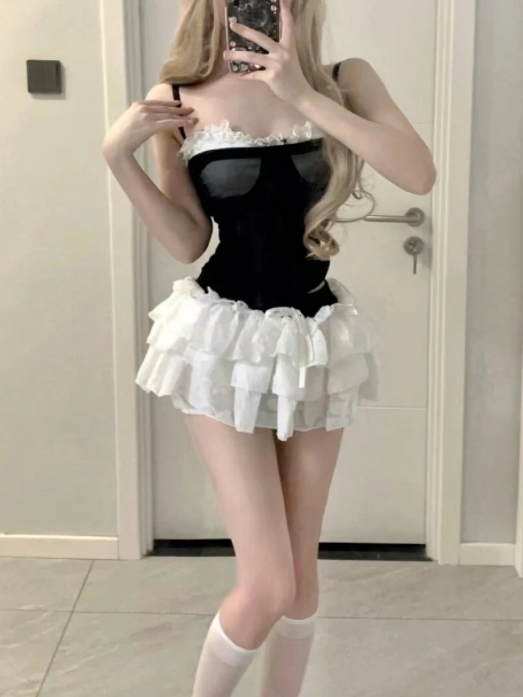 Sommer Sexy Pachtwork 2-teiliges Set Frauen Süße Spitze Tops + Bogen Mini Rock Weibliche Mode Chic Ärmellose A-linie High Street Anzüge