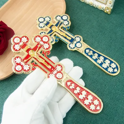 HT Church Product Supplier Orthodox Gold Plated Colorful Enamel Jesus Cross Handheld Crucifix Double