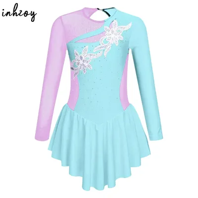 Kids Girls Ballet Tutu Dress Gymnastics Leotard Dance Wear Long Sleeve Rhinestone Figure Skating