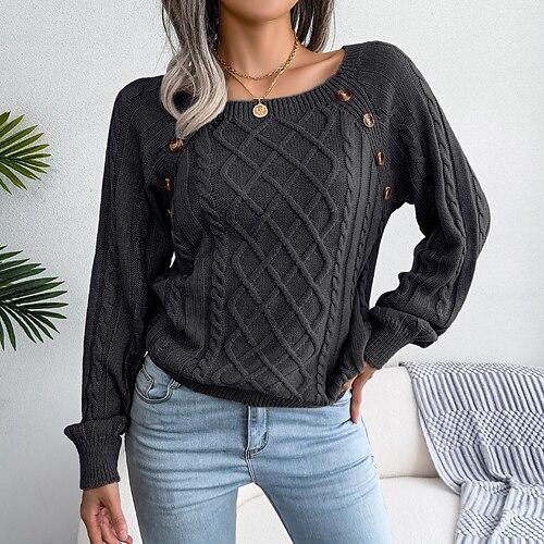 Damen Pullover Brautkleider schlicht Weich Geometrisch Rundhalsausschnitt Knopf Langarm Normale Oberteile Stricken Outdoor Täglich Wochenende Schwarz Herbst Winter