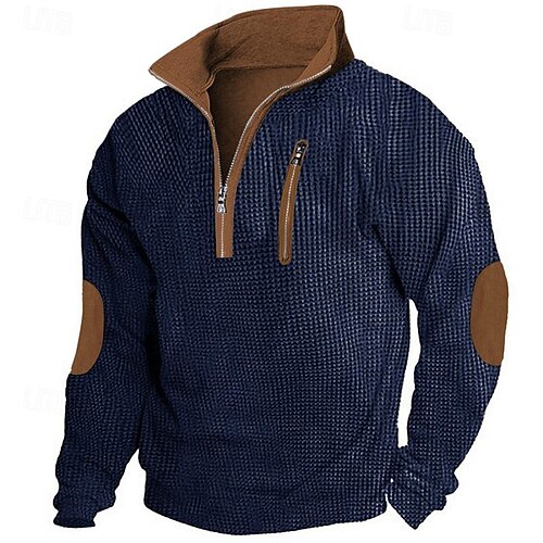 Herren Waffelhemd T-Shirt Langarmshirt Langarm Viertelreißverschluss Frühling Herbst Ganzjahresmode Patchwork Täglich Lässig Streetstyle Patchwork Reißverschluss Outdoor Straße Lässig Schwarz Image
