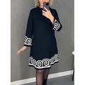 Kleines Schwarzes Kleid für Damen, A-Linie, modisches Arbeitskleid, Midikleid, Druck, Stehkragen, lange Ärmel, geometrisch, lockere Passform, schwarz, Frühling, Herbst, S, M, L, XL, 2XL