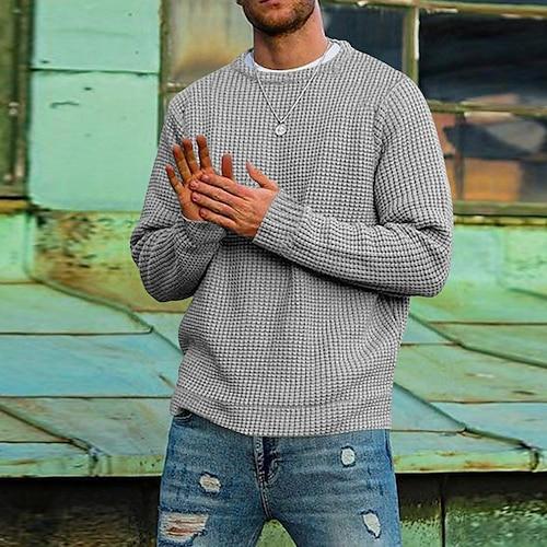 Herren Pullover Waffelstrick T-Shirt T-Shirt Langarmshirt Langarm Rundhalsausschnitt Frühling Herbst Ganzjahresmode Einfarbig Urlaub Täglich Lässig Klassicher Stil Outdoor Straße Lässig Hellblau