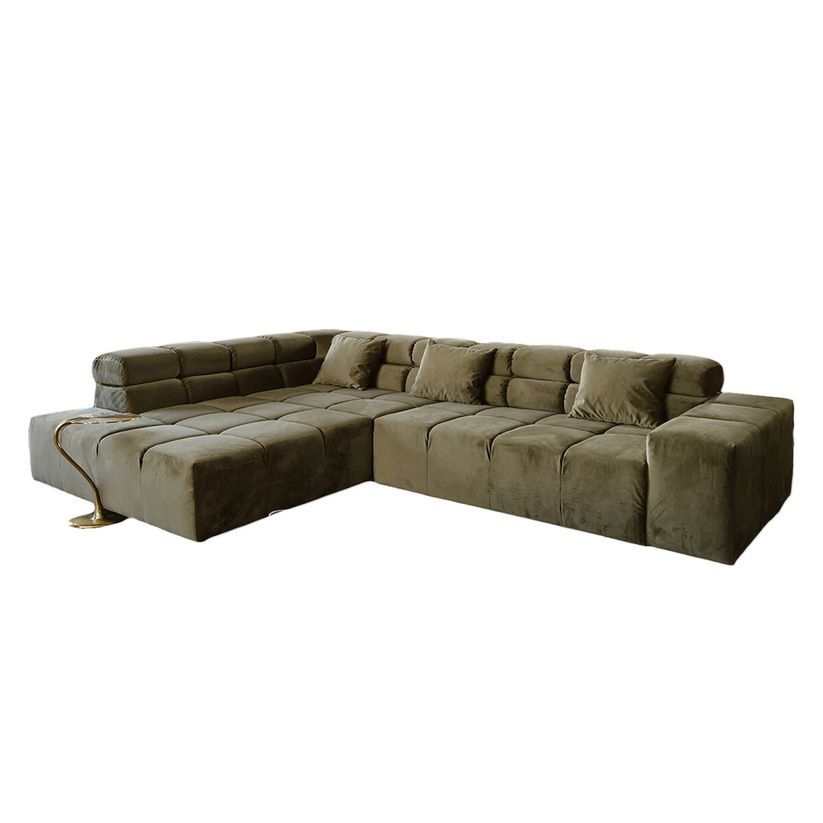 KAWOLA Sofa NEVADA Ecksofa Velvet olivgrün Recamiere links mit motorischem Sitzvorzug Image