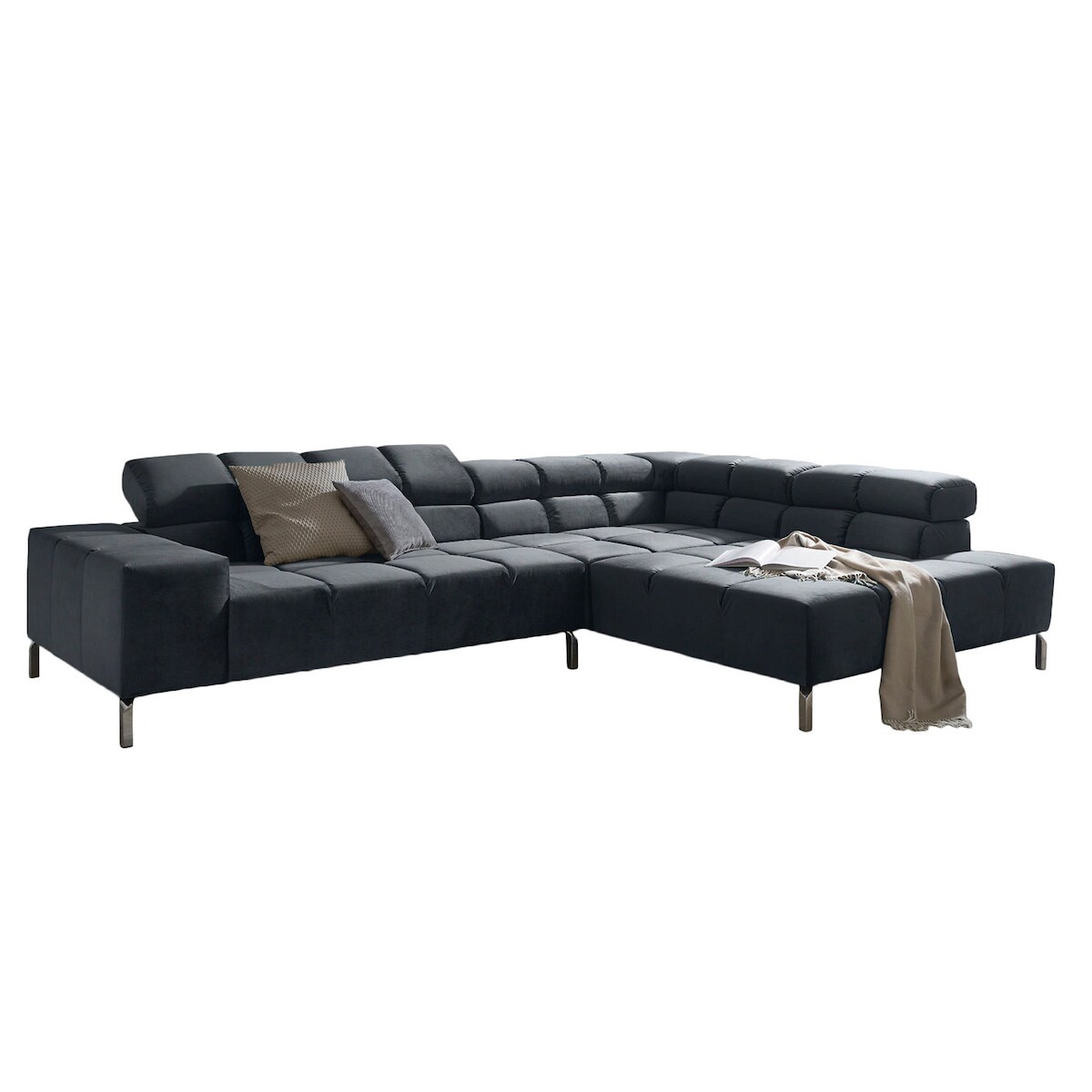 KAWOLA Sofa NELSON Ecksofa Velvet schwarz Recamiere rechts mit motorischem Sitzvorzug Image