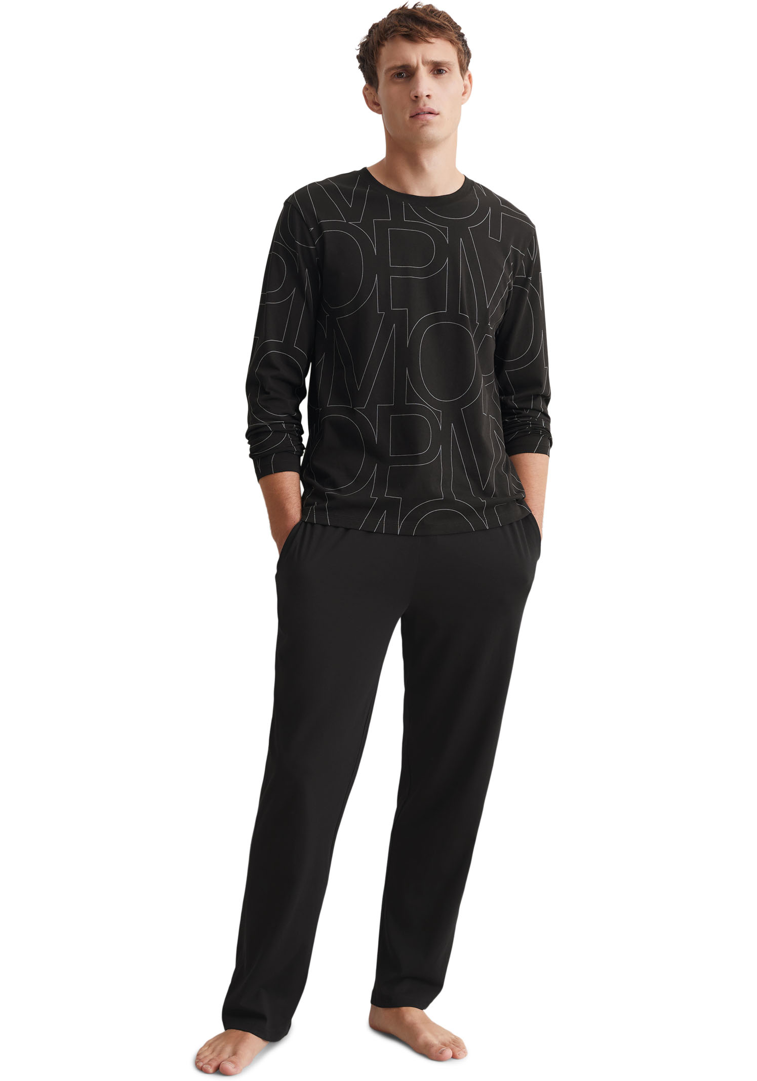 Pyjama MARC O'POLO "Mix & Match Cotton", Herren, Gr. XL, schwarz, Single Jersey, Obermaterial: 100% Baumwolle, bedruckt, Klassisch, regular fit lang, Rundhals, Homewear-Sets, mit elastischem Bund mit Tunnelzug und Kordel Image