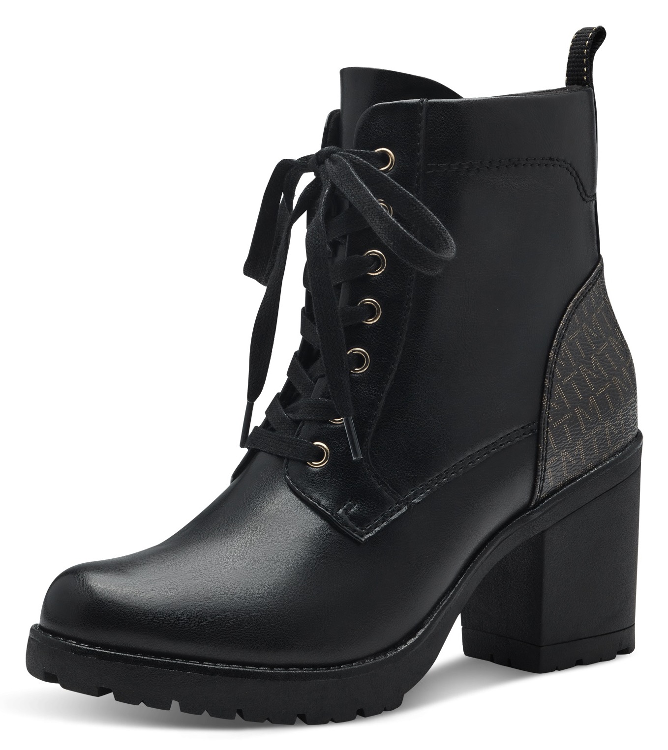 Schnürstiefelette MARCO TOZZI, Damen, Gr. 39, schwarz (schwarz kombiniert), Lederimitat, unifarben mit Farbeinsatz, Schuhe, Blockabsatz, Stiefelette, Schnürboots in veganer Verarbeitung