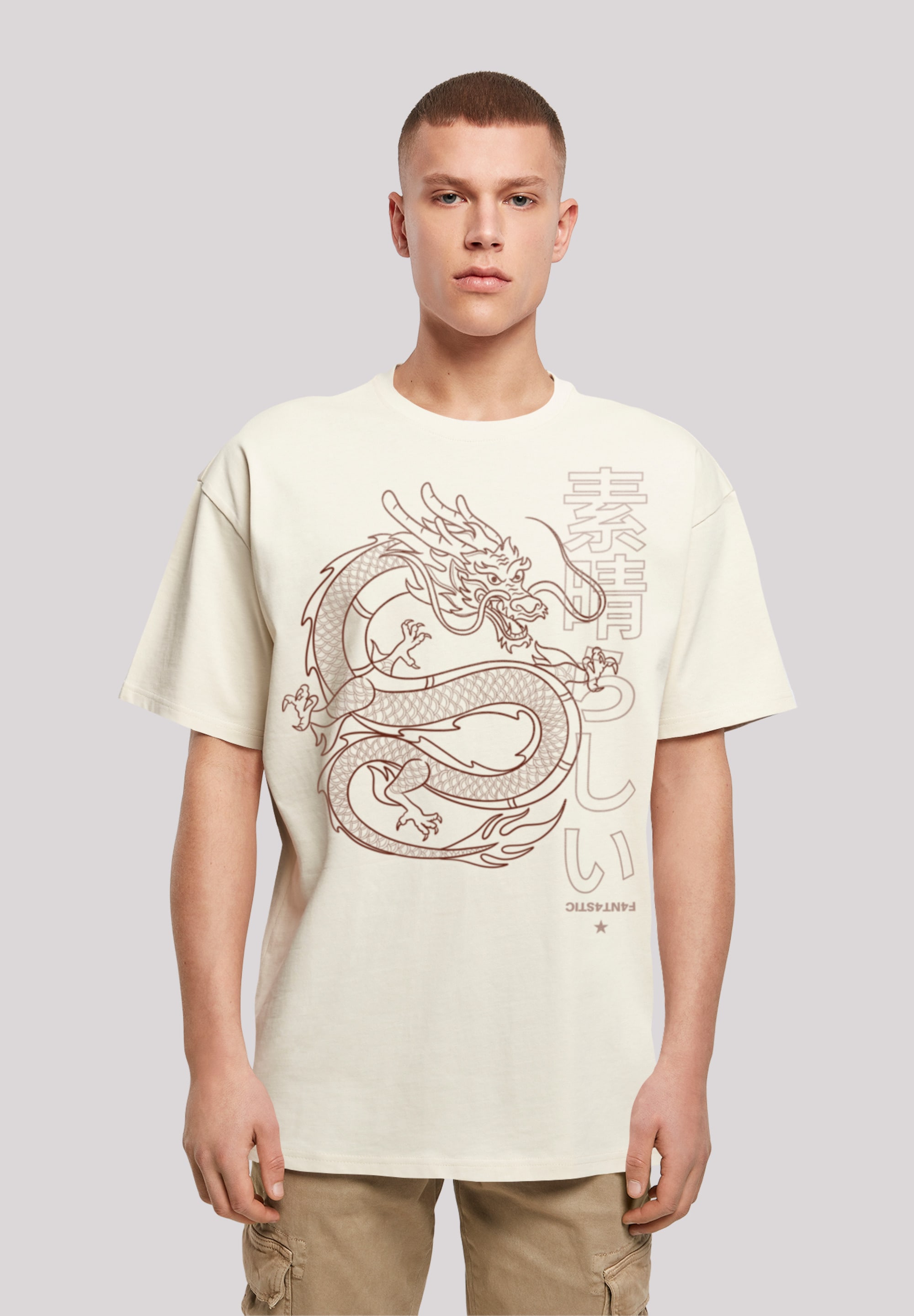 T-Shirt F4NT4STIC "Drache Japan", Herren, Gr. 4XL, beige (sand), Obermaterial: 100% Baumwolle, oversize, Rundhals, ohne Bündchen, Shirts, Print Image