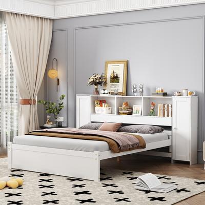 Space-Saving Twin/Full Platform Bed with Storage Headboard and Side Lockers, Sturdy Pine Wood Frame for Bedroom Organization.