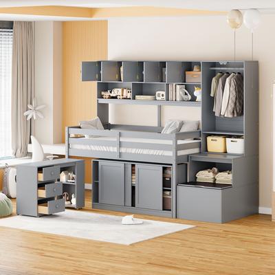 Twin Size Big Storage Loft Bed with Under-bed Desk, Platform Bed with Drawers and Cabinet, Wooden Bed with Shelves, Grey