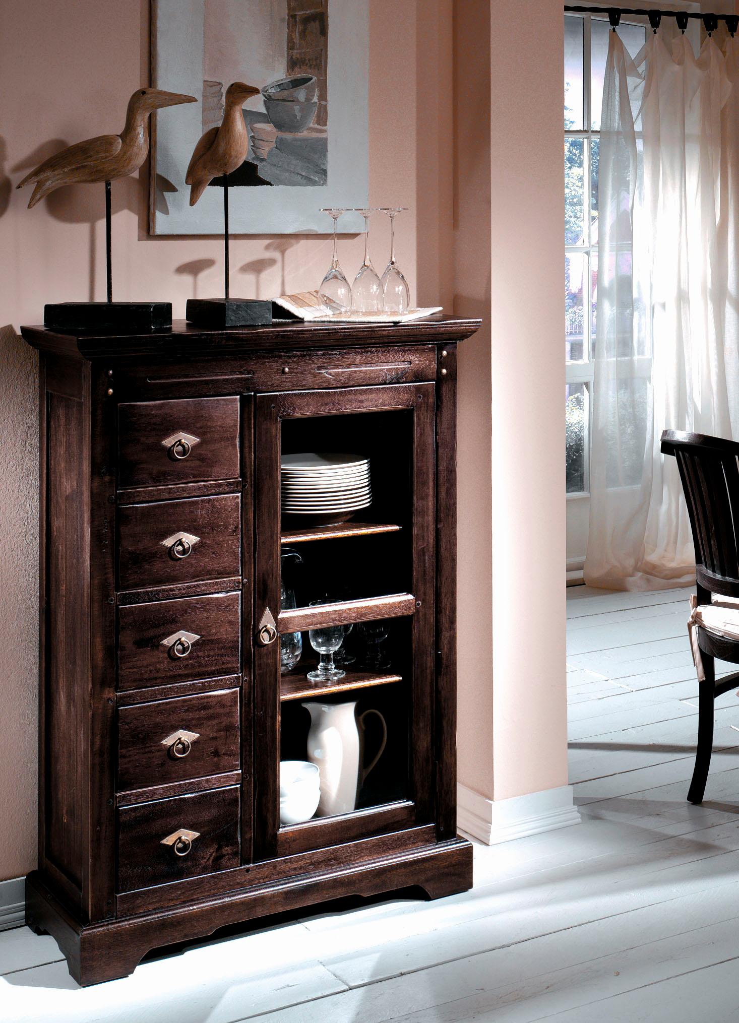 Mehrzweckschrank SIT "Samba", braun, B:86cm H:122,5cm T:39cm, Massivholz, Schränke, Highboard Mehrzweckschrank Bartisch, im Lodge-Stil, Breite 86 cm