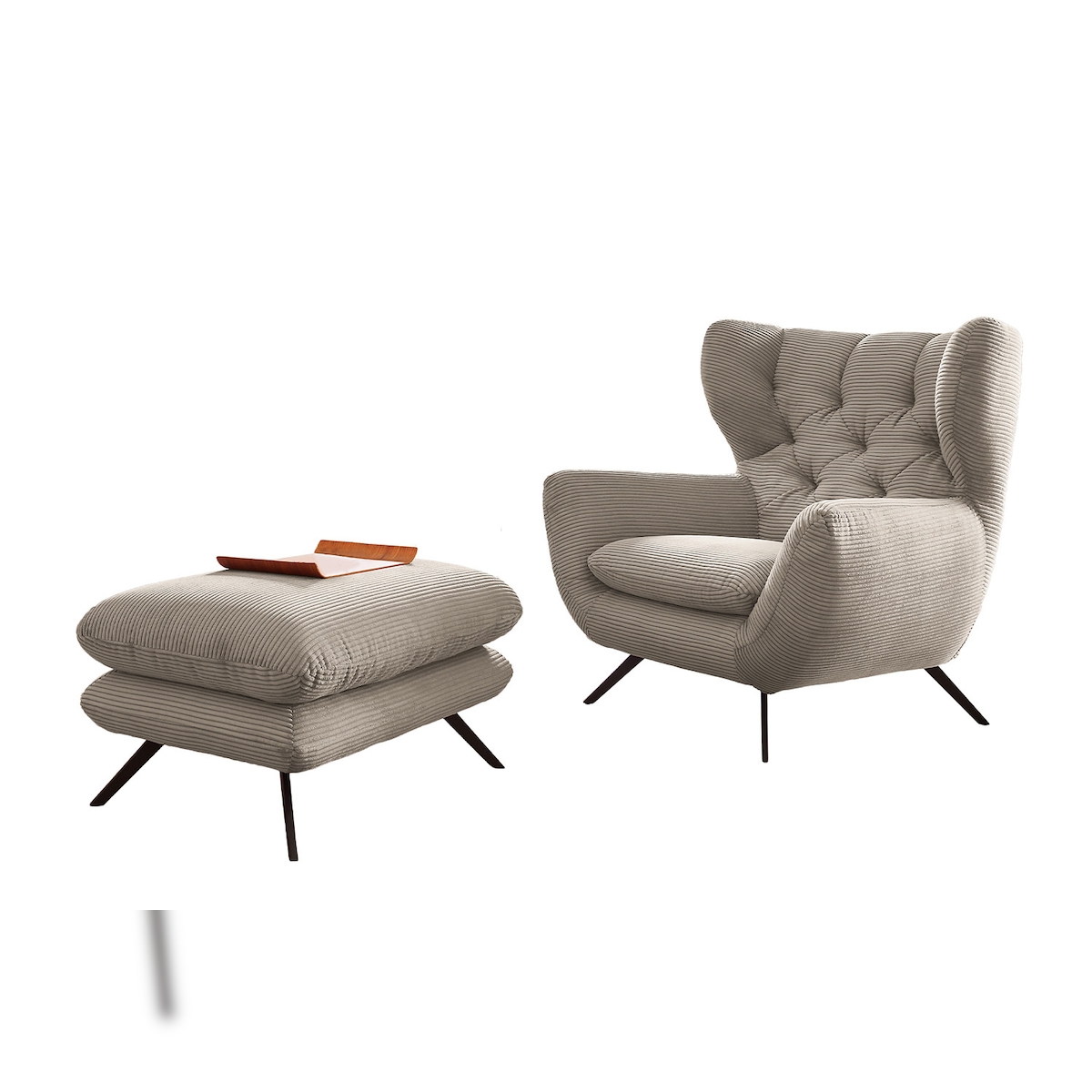 KAWOLA Sessel CHARME Hochlehnsessel Cord steingrau mit Hockerbank Image