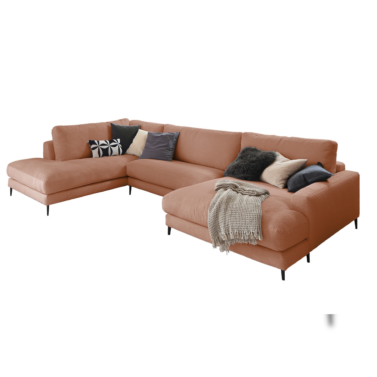 KAWOLA Sofa CARA Wohnlandschaft U-Form Cord rost Longchair rechts Image