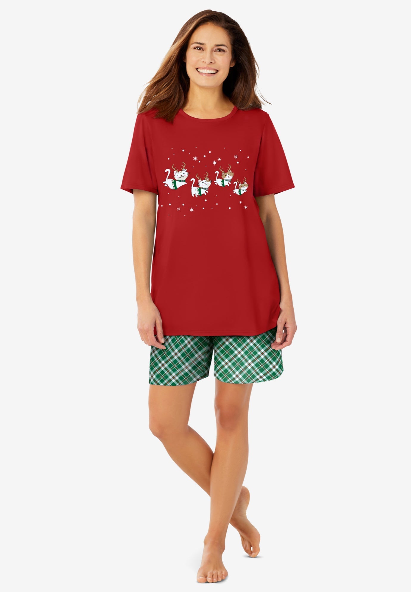 Plus Size Women's Knit PJ Short Set by Dreams & Co. in Classic Red Reindeer Cat (Size 3X) Pajamas