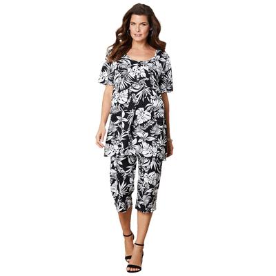 Plus Size Women's Printed Henley Capri Set by Roaman's in Black Island Leaves (Size 12) Matching Jersey T-Shirt and Capri Pants