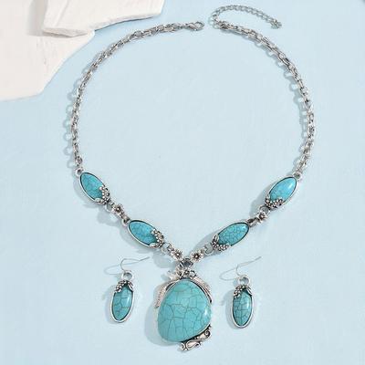 TEMU 3pcs Bohemian Jewelry Set - Silver Alloy Necklace And Earrings With Turquoise Stones - Vintage Boho Accessories For Women, Beach Holiday, Gift