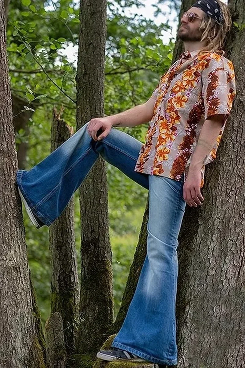 Männer Punk Jeans Hosen Hohe Taille Retro Männlichen Flare Hosen Mode Plus Größe Blaue Jeans Männer Kleidung