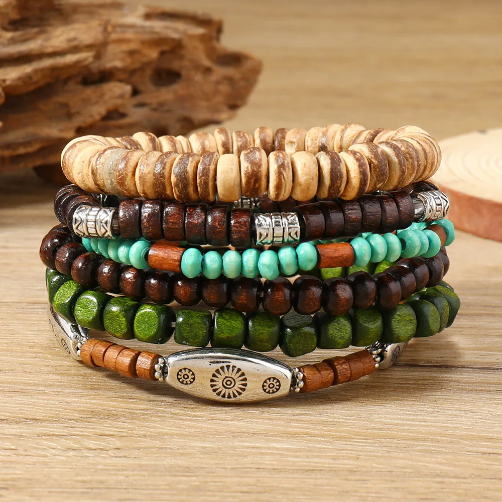 Braccialetti da uomo con perline stile bohémien vintage Braccialetti con perline in legno multistrato con perline di cocco Accessori per gioielli Regali