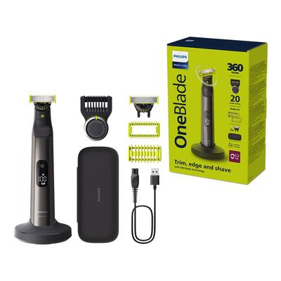 Elektrorasierer PHILIPS "OneBlade Pro 360 Face & Body QP6652/30", schwarz (.), ElektrorasiererB:14cm H:21,5cm T:8cm, 360 Grad Klinge, 20 Längeneinstellungen, inkl. Ladestation & Reiseetui, B:14cm H:21,5cm T:8cm
