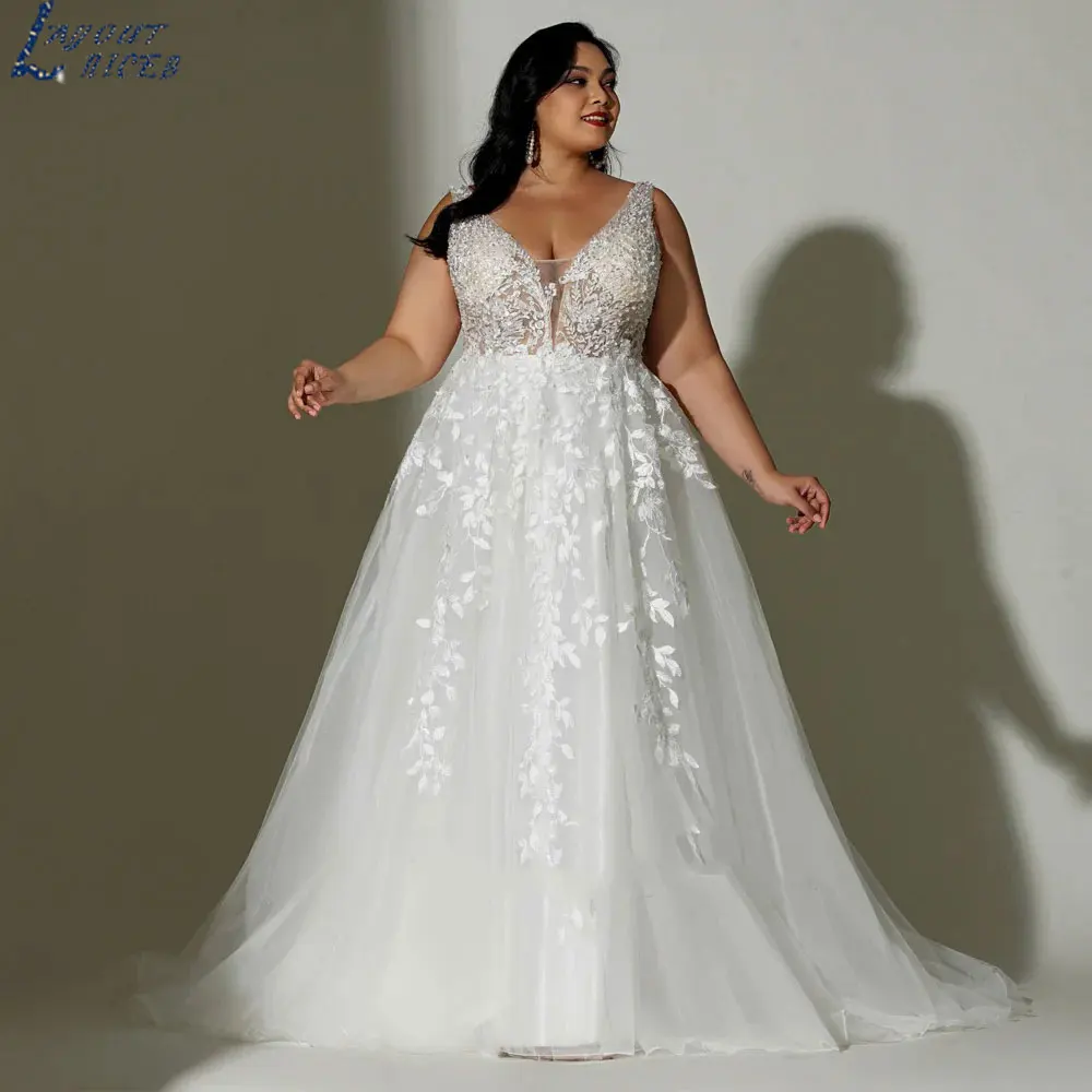 Layout Niceb 2024 klassische Spitze V-Ausschnitt Brautkleider elegant plus Größe ärmellose Brautkleider A-Linie Robe de Mariée nach MaßLayout Niceb 2024 klassische Spitze V-Ausschnitt Brautkleider