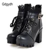 Gdgydh Großhandel Spitze Stiefeletten Dicken High Heels Frauen Stiefel Sexy Schnürung Runde Kappe Plattform Damen Schuhe Große Größen 34-43