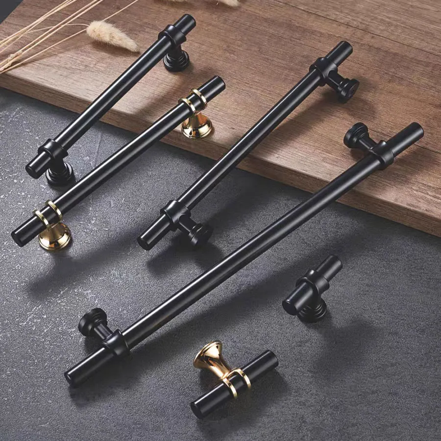 Schwarz/Gold Griffe für Möbel Küche Schrank Griff Moderne Kommode Schrank Zieht Schrank Tür Knöpfe 128mm/160mm/192mm