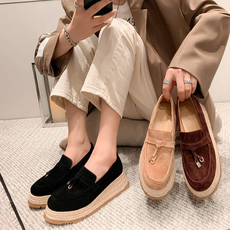MKKHOU Mode Loafer Neue Hohe Qualität Echtes Leder Wildleder Vintage Stroh Geflecht Plattform Schuhe Täglich Casual Leichte Schuhe Neutral