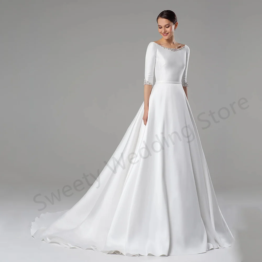 Modernes Satin-Hochzeitskleid, Vestido De Noiva, maßgeschneidert, U-Ausschnitt, Halbarm, Perlenstickerei, Steine, A-Linie, Brautkleid für Frauen, Braut Image