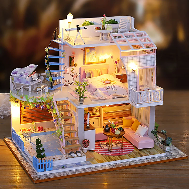 Holz Miniatur Puppenhaus Kit 3D Puzzle Montage Gebäude Modell Spielzeug Home Schlafzimmer Dekoration mit Möbeln LED Licht Puppenhaus