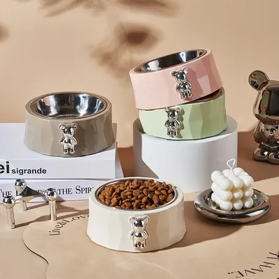 Pet Supplies Pet Stainless Steel Bowl Diamond Bear Pet Bowl Cat Food Bowl Dog Food Utensils Anti