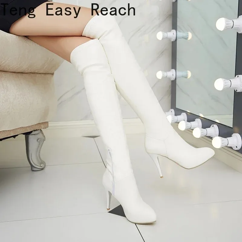 Sexy Overknee Stiefel Frauen Herbst Winter Mode High Heels Oberschenkel Hohe Stiefel Weibliche Schwarz Weiß Wasserdichte Lange Schuhe 2024