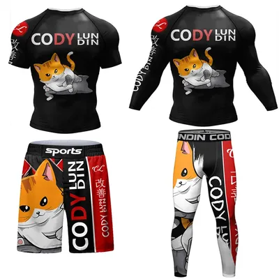 Bjj Kickboxing MMA T-shirts+Pants 4Pcs/Sets Muay Thai Shorts Rashguard For Men Boxing 3D Printed